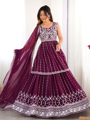 Rajwada Wine Georgette Embroidered Stitched Kurta Set For Women
