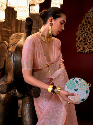Rajwada Pink Satin Woven Saree With Unstitched Blouse For Women