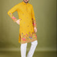 Rajwada Yellow Cotton Embroidered Stitched Kurta For Men