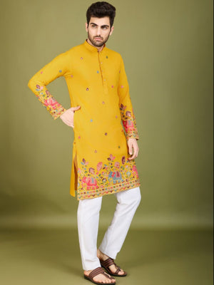 Rajwada Yellow Cotton Embroidered Stitched Kurta For Men