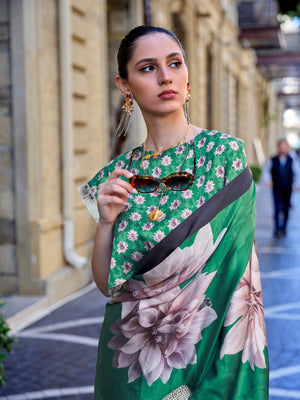Rajwada Green Satin Printed Saree With Unstitched Blouse For Women