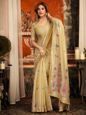 Rajwada Beige Cotton Blend Solid Saree For Women