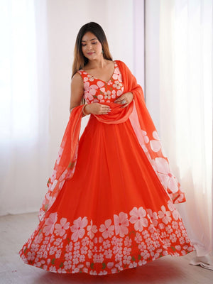 Rajwada Orange Organza Printed Stitched Gown With Dupatta For Women