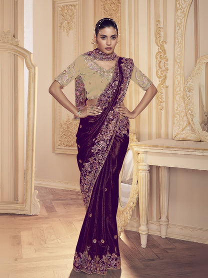 Rajwada Purple Satin Embroidered Elegant Saree For Women