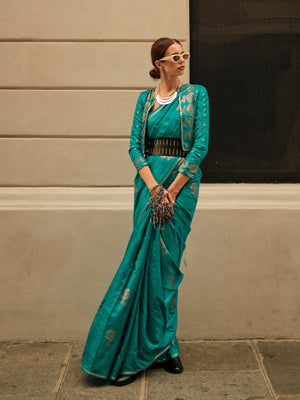 Rajwada Green Satin Woven Saree With Unstitched Blouse For Women