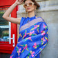 Rajwada Blue Satin Printed Saree With Unstitched Blouse For Women