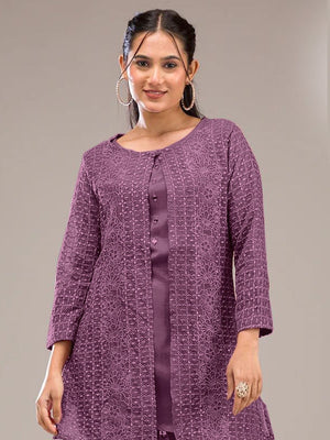 Rajwada Purple Poly Crepe Solid Semi Stitched Kurta Set For Women
