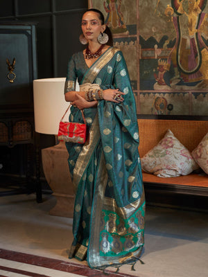 Rajwada Green Silk Blend Woven Saree With Unstitched Blouse for Women