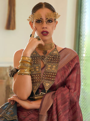 Rajwada Brown Organza Woven Saree With Unstitched Blouse for Women