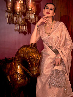 Rajwada Peach Silk Blend Woven Saree With Unstitched Blouse For  Women