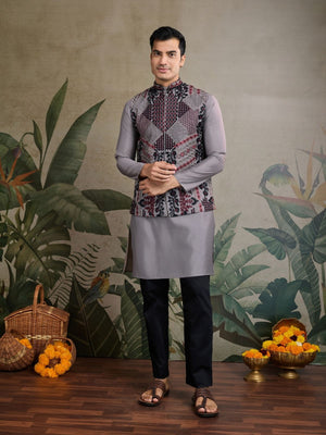 Rajwada Grey Viscose Silk Embroidered Stitched Kurta For Men