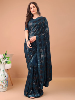 Rajwada Teal Georgette Sequin Elegant Saree For Women