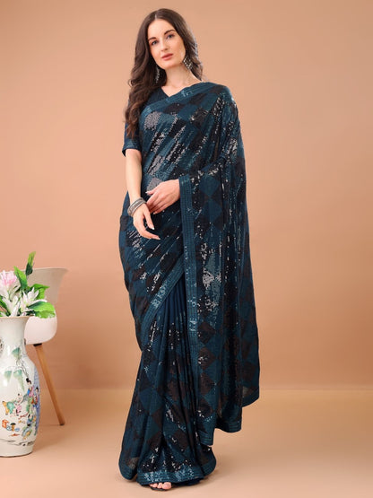 Rajwada Teal Georgette Sequin Elegant Saree For Women