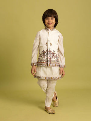 Rajwada White Viscose Silk Embroidered Stitched Kurta Set For Kids
