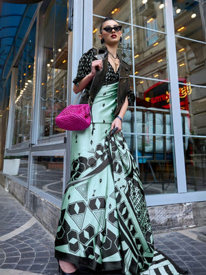 Rajwada Green Satin Printed Saree With Unstitched Blouse For Women