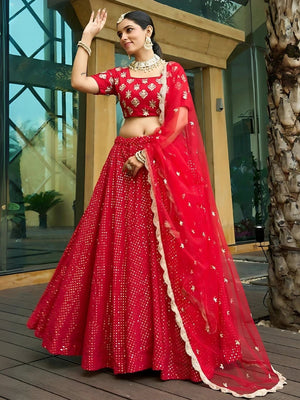 Rajwada Red Georgette Embroidered Semi-Stitched Lehenga For Women