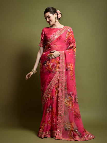 Rajwada Pink Georgette Embroidered Printed Saree For Women