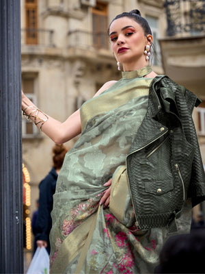 Rajwada Green Poly Brasso Woven Saree With Unstitched Blouse For Women