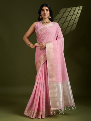 Rajwada Pink Silk Blend Woven Checked Saree For Women