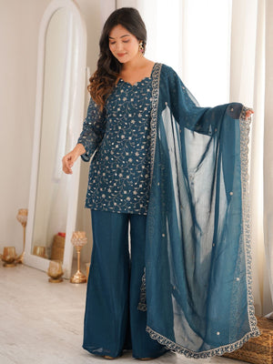 Rajwada Teal Blue Georgette Embellished Kurta Set For Women