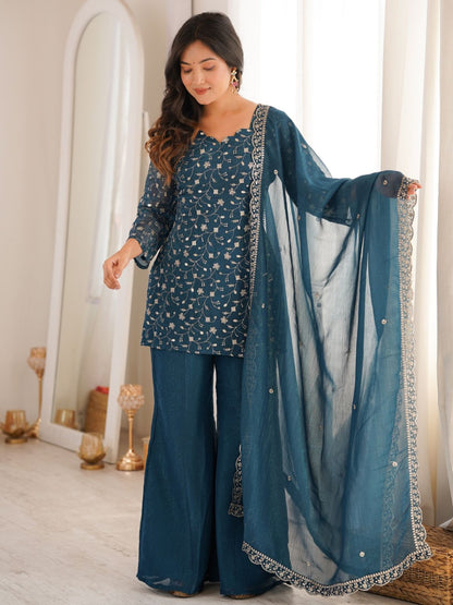 Rajwada Teal Blue Georgette Embellished Kurta Set For Women