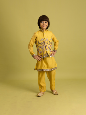 Rajwada Yellow Viscose Silk Embroidered Stitched Kurta Set For Kids