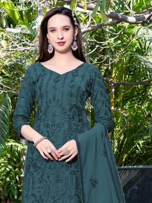 Rajwada Teal Blue Georgette Embroidered & Cutwork Semi-Sitched Kurta Set For Women