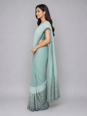 Turquoise blue Velvet Embellished Saree