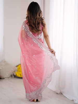 Rajwada Pink Organza Embellished Solid Saree For Women