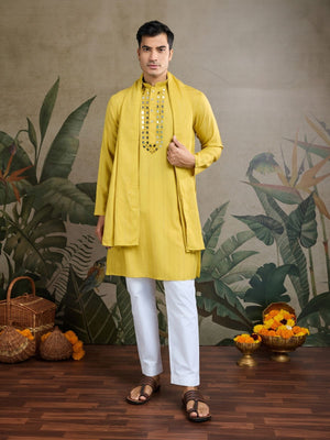 Rajwada Yellow Viscose Silk Embellished Stitched Kurta For Men