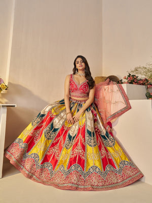 Rajwada Multicolor Silk Blend Embroidered Semi-Stitched Lehenga For Women