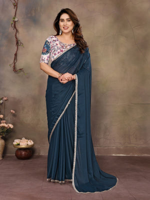 Rajwada Teal Blue Georgette Solid Saree For Women
