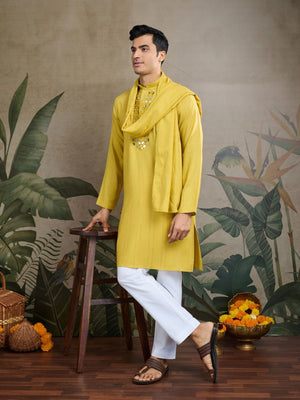 Rajwada Yellow Viscose Silk Embellished Stitched Kurta For Men