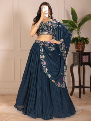 Rajwada Blue Georgette Embroidered Semi-Stitched lehenga For Women