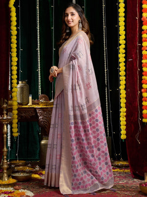 Rajwada Light Lavender Cotton Blend Solid Saree For Women