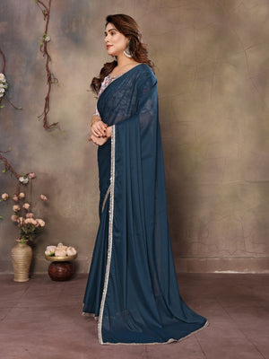 Rajwada Teal Blue Georgette Solid Saree For Women