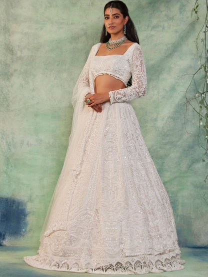 Rajwada White Net Embellished Semi Stitched Lehenga For Women