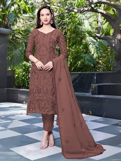 Rajwada Brown Georgette Embroidered & Cutwork Semi-Sitched Kurta Set For Women