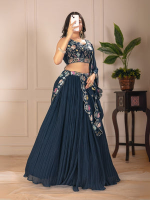 Rajwada Blue Georgette Embroidered Semi-Stitched lehenga For Women