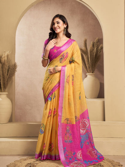 Rajwada Orange Cotton Linen Zari Work Saree For Women