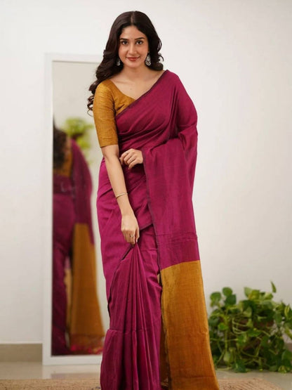 Rajwada Dark Pink Cotton Blend Solid Saree For Women