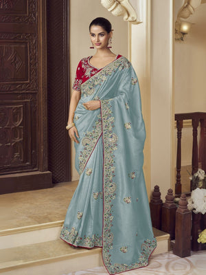 Rajwada Sea Green Georgette Embroidered Elegant Saree For Women
