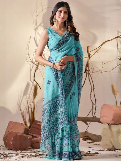 Rajwada Sky Blue Georgette Printed Saree For Women