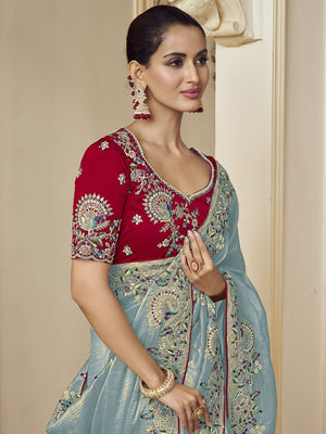 Rajwada Sea Green Georgette Embroidered Elegant Saree For Women