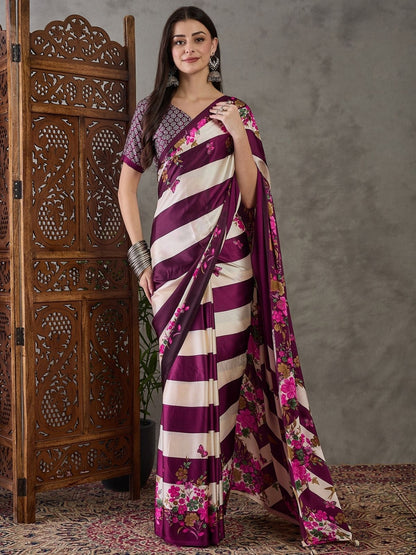 Rajwada Purple And White Silk Blend Printed Elegant Saree For Women