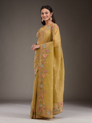Rajwada Mustard Silk Blend Embroidered Solid Saree For Women