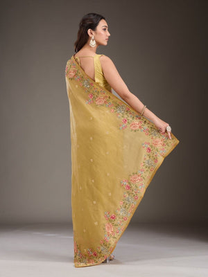 Rajwada Mustard Silk Blend Embroidered Solid Saree For Women