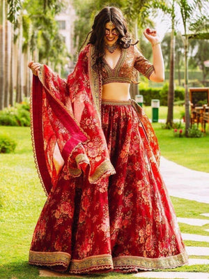 Rajwada Maroon Organza Printed Semi-Stitched lehenga For Women