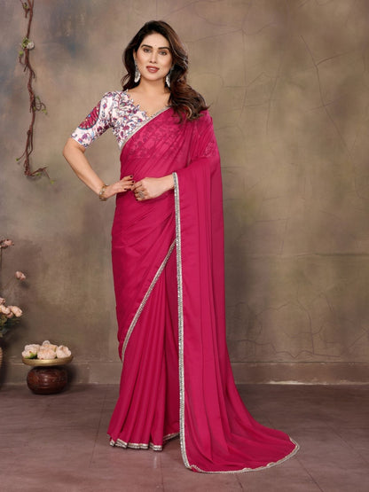 Rajwada Pink Georgette Solid Saree For Women