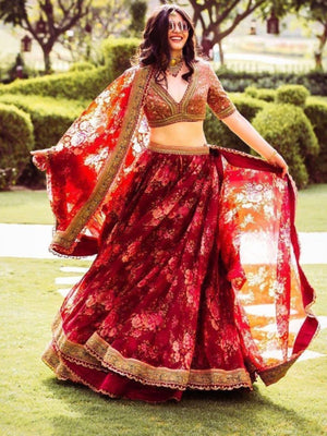 Rajwada Maroon Organza Printed Semi-Stitched lehenga For Women